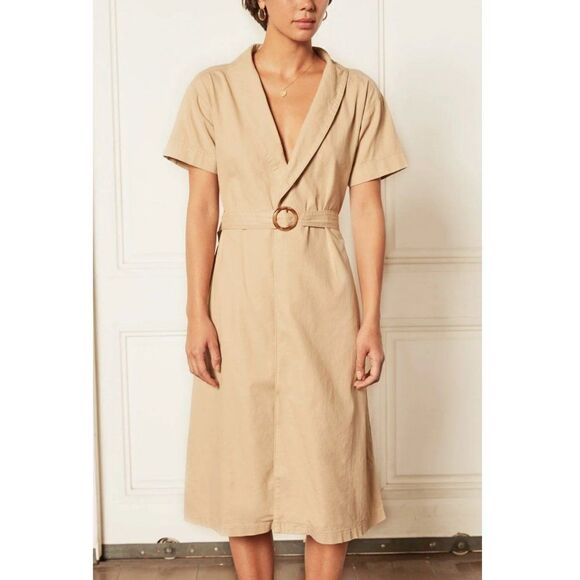Boyish The Ezra Belted Midi Wrap Dress Short Sleeve Cotton Tan Size XS - Picture 1 of 9